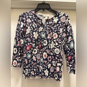 LOFT Cream and Navy Floral Knit Cardigan 3/4 sleeve